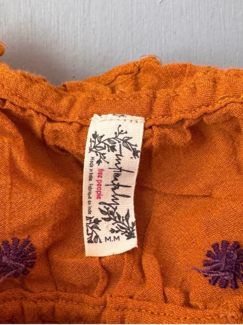 Free People Rust Orange Embroidered Tie-Shoulder Ruffle Crop Top - Picture 6 of 8